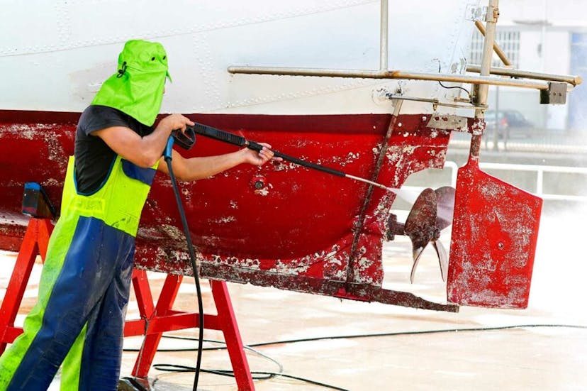 Man removing algae from the hull of a boat