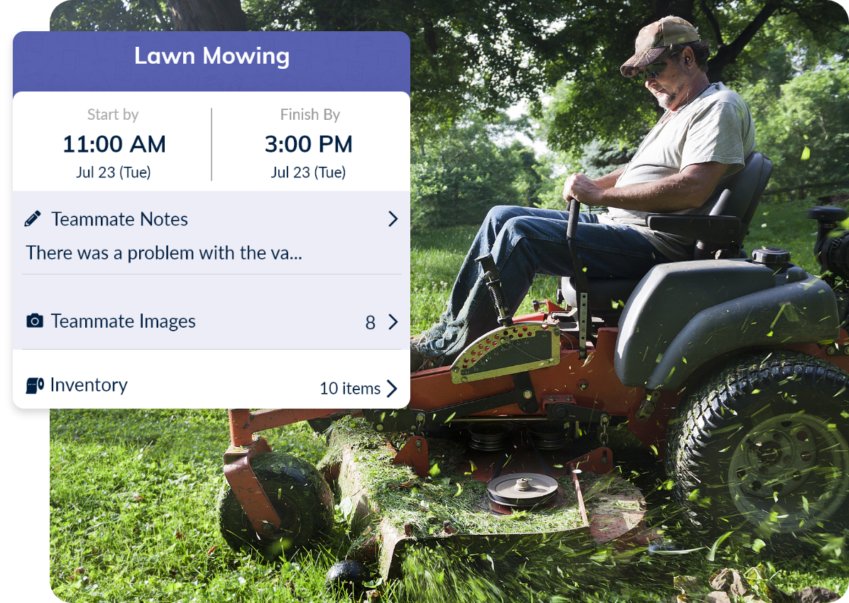 lawn care crew member on a lawn mower with scheduling notification as a pop up 