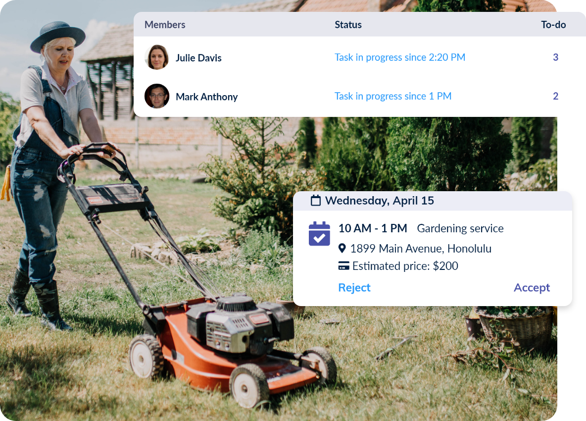 female lawn care employee mowing lawn with app notifications as pop-ups