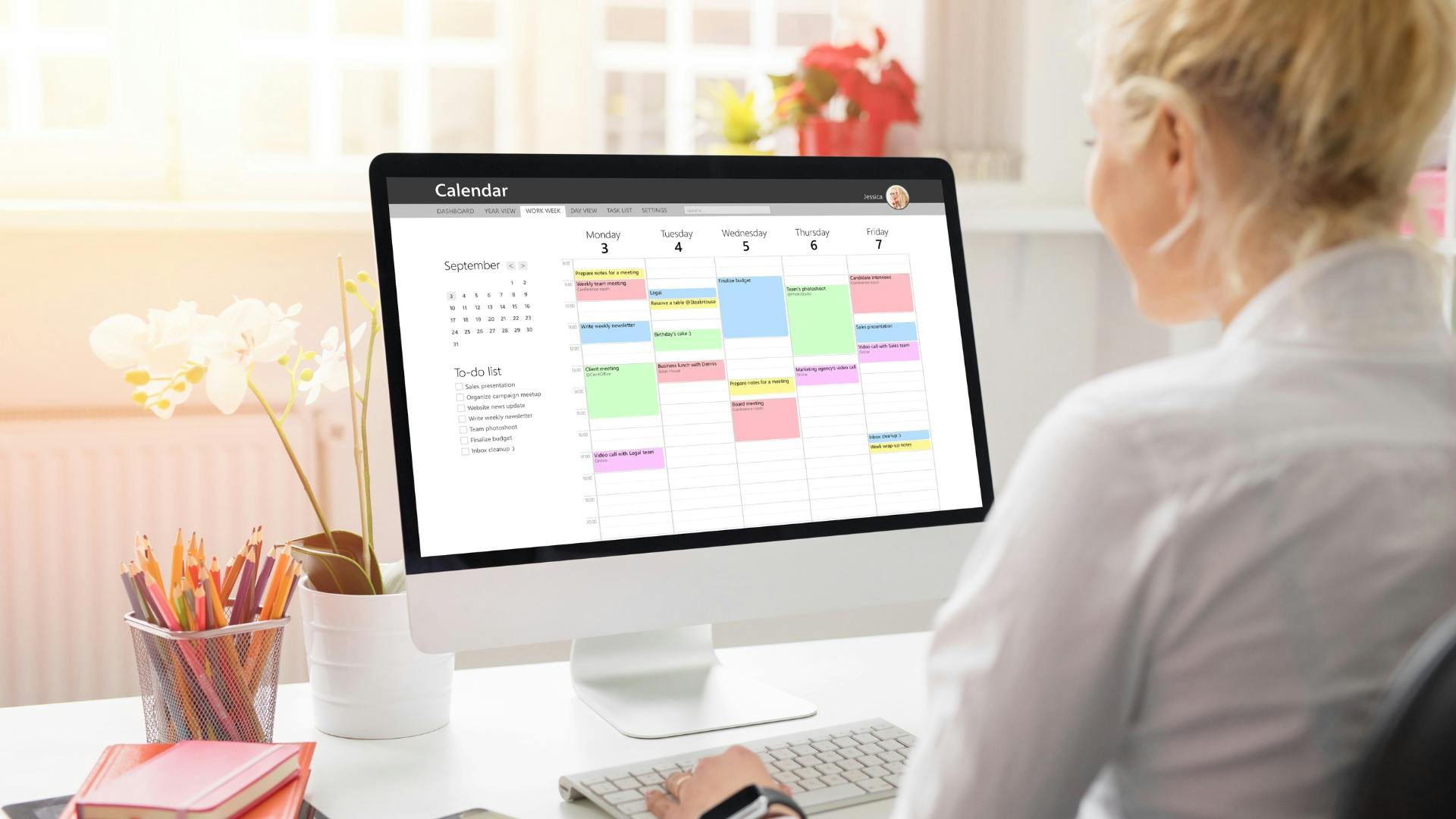 Airbnb cleaner checking availability on digital calendar