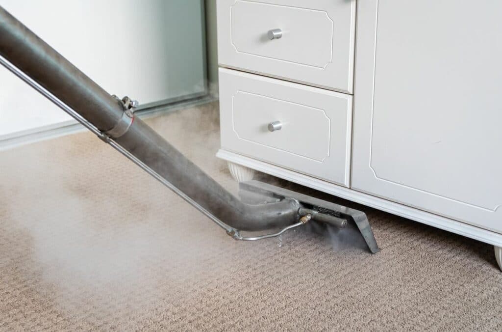 Carpet cleaner steaming beige carpet.