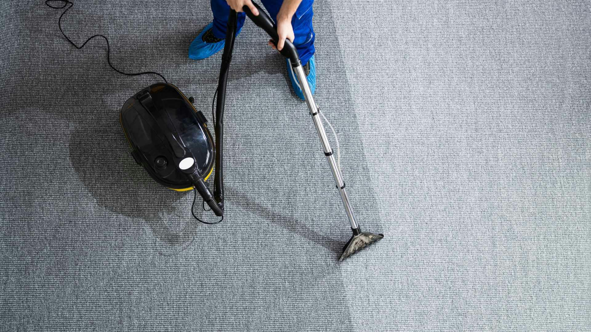 Carpet cleaning service removing dirt and grime from carpet with vacuum.