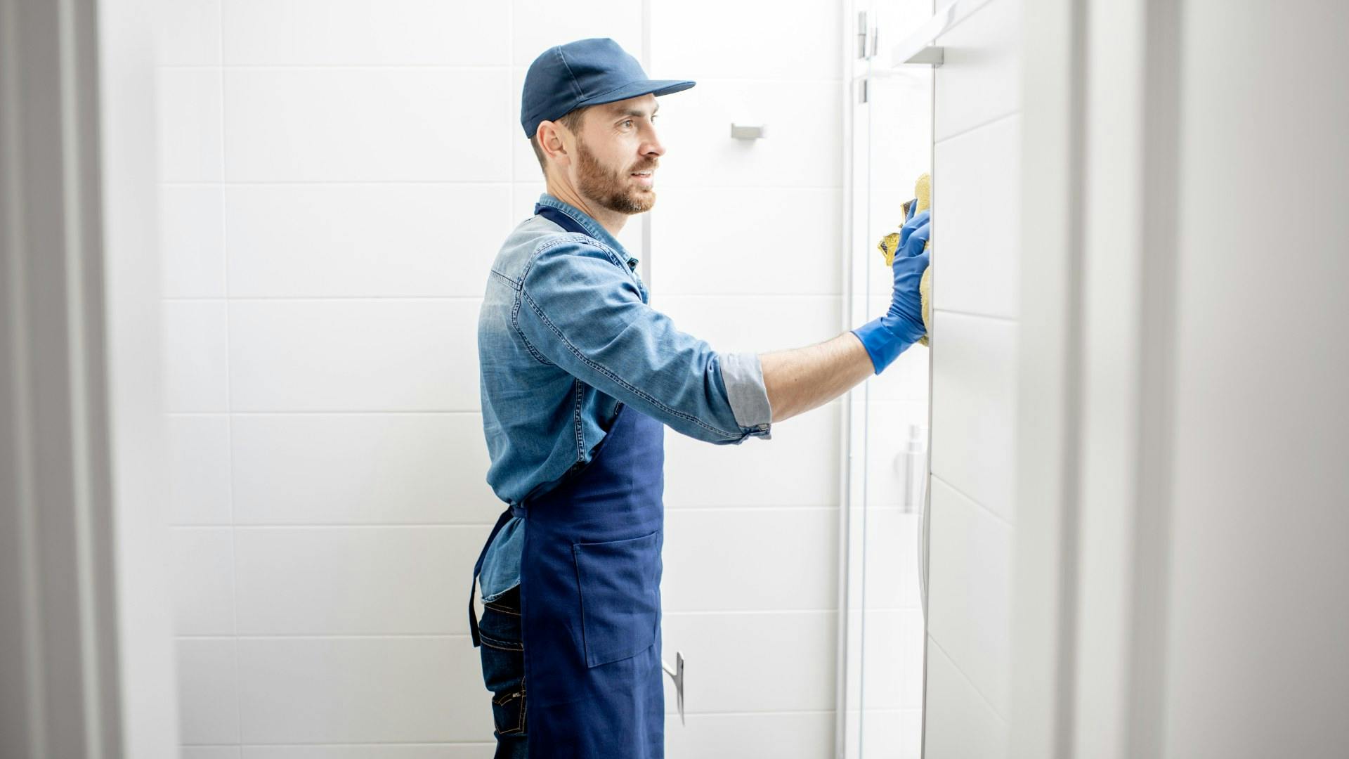 Male cleaning crew member sanitizing walls