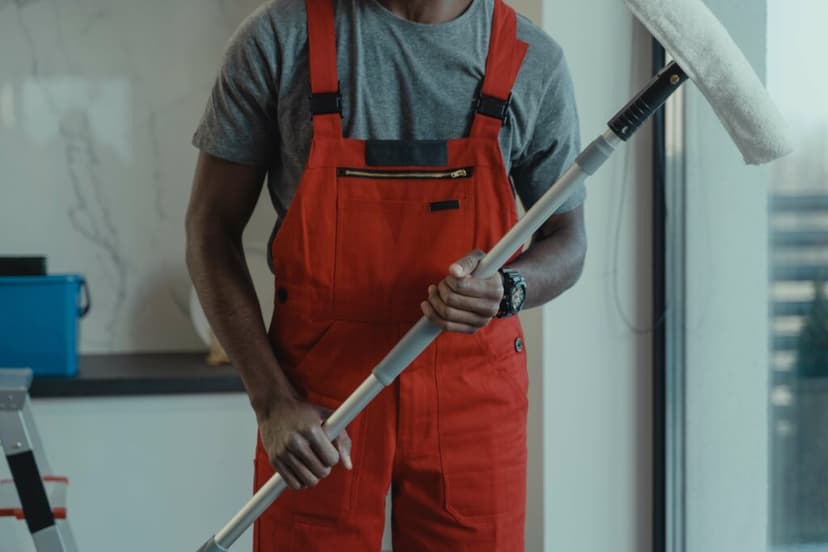 Male cleaner holding a dry mop