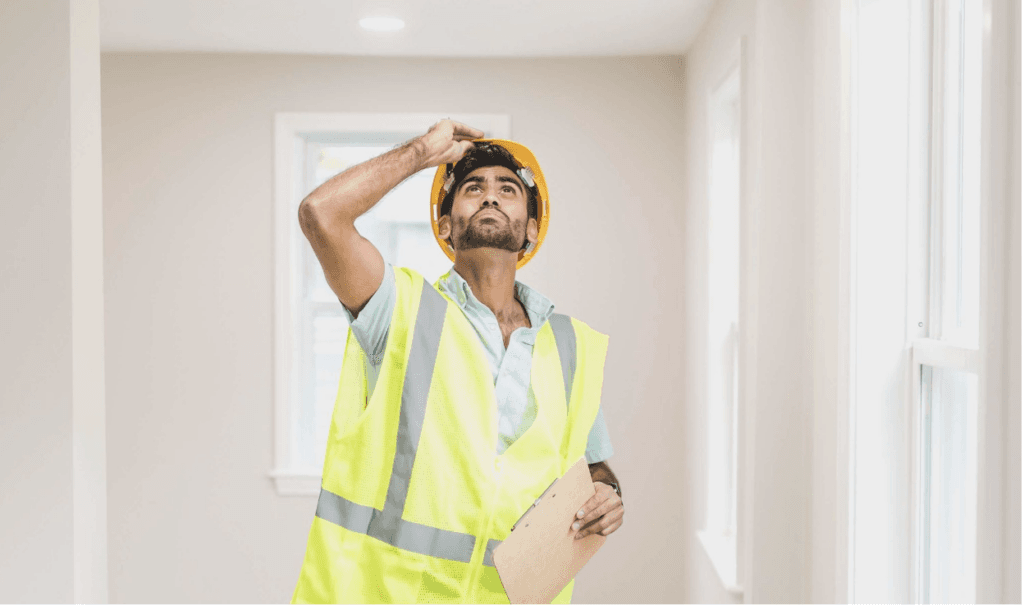 Construction worker in a reflective vest and hard hat holding a clip board while looking up 