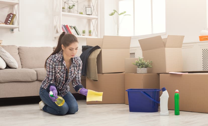 Woman cleaning floor with moving boxes behind her