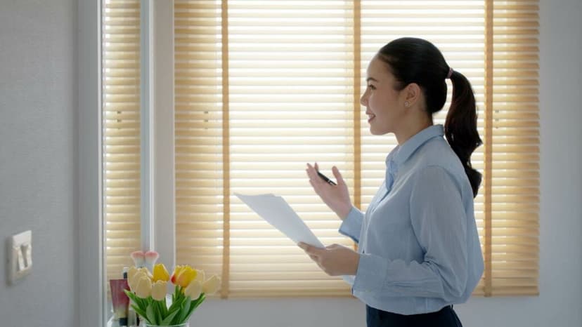 Woman dressed in a button down shirt holding a sheet of paper in front of her